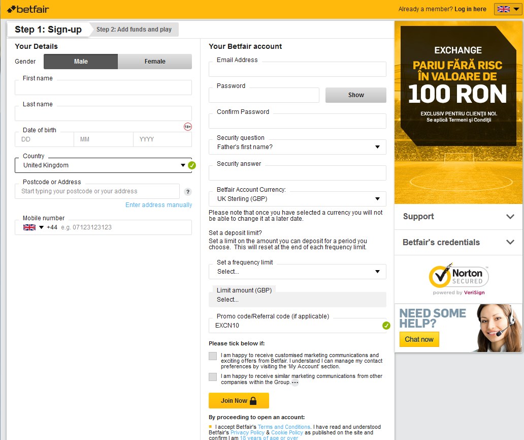 Betfair sign-up